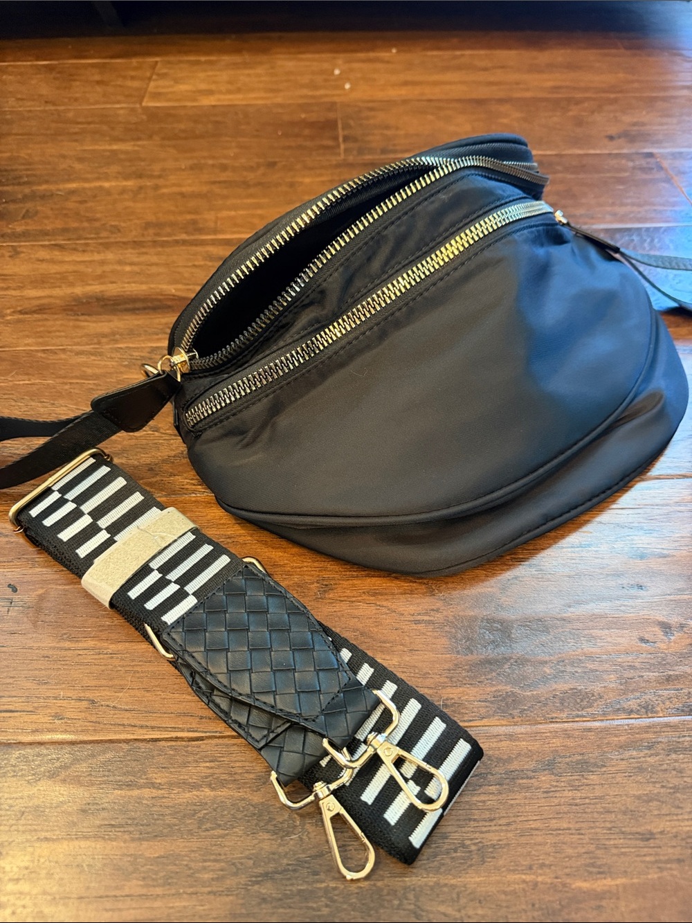 Black Crossbody Belt Bag with Striped Detachable Strap